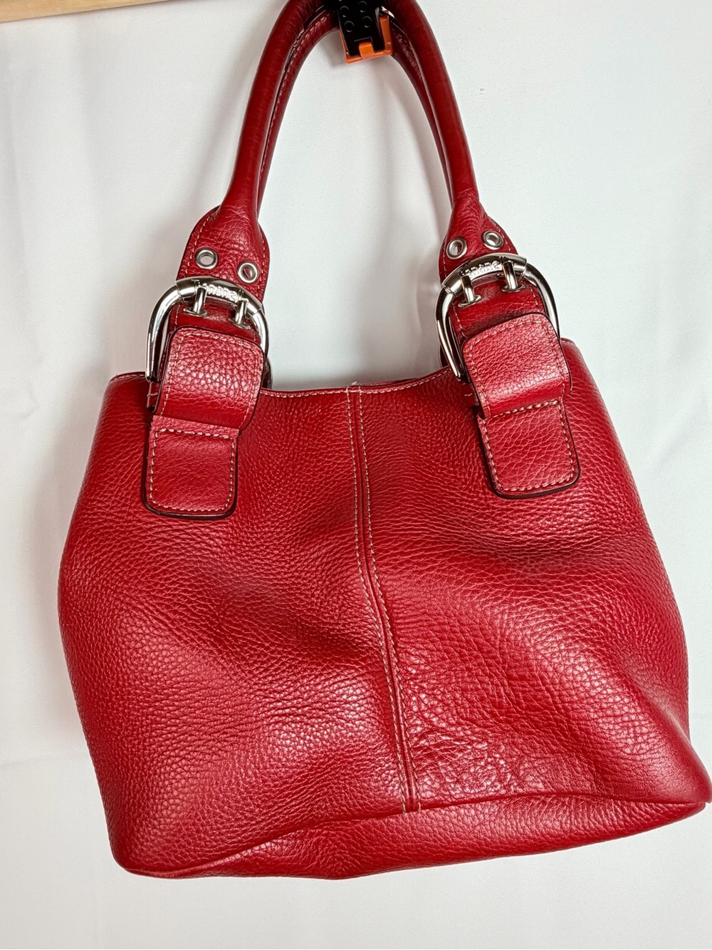 VTG Tignanello Red Perfect Ten French Tote Hand Bag Buckles Straps Y2K Revival